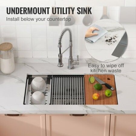 Kitchen Sink 304 Stainless Steel Drop-In Sinks Undermount Single Bowl Basin with Ledge and Accessories Household Dishwasher Sinks for Workstation RV