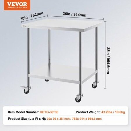 Stainless Steel Work Table 30x36x38 Inch with 4 Wheels 3 Adjustable Height Levels Heavy Duty Food Prep Worktable for Commercial Kitchen Restaurant Silver