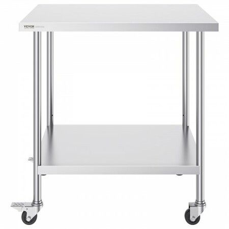 Stainless Steel Work Table 30x36x38 Inch with 4 Wheels 3 Adjustable Height Levels Heavy Duty Food Prep Worktable for Commercial Kitchen Restaurant Silver