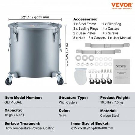 Fryer Grease Bucket 60.5L/16Gal Oil Disposal Caddy with Caster Base Carbon Steel Rust-Proof Coating Oil Transport Container with Lid Lock Clips Filter Bag