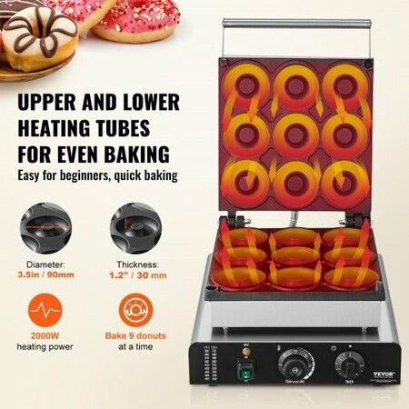 Electric Donut Maker 2000W Commercial Doughnut Machine with Non-stick Surface 9 Holes Double-Sided Heating Waffle Machine Makes 9 Doughnuts