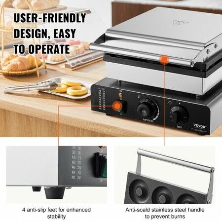 Electric Donut Maker 2000W Commercial Doughnut Machine with Non-stick Surface 9 Holes Double-Sided Heating Waffle Machine Makes 9 Doughnuts