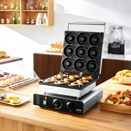 Electric Donut Maker 2000W Commercial Doughnut Machine with Non-stick Surface 9 Holes Double-Sided Heating Waffle Machine Makes 9 Doughnuts