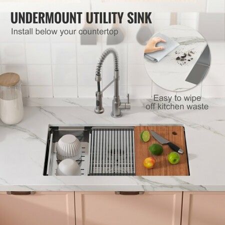 Kitchen Sink 304 Stainless Steel Drop-In Sinks Undermount Single Bowl Basin with Ledge and Accessories Household Dishwasher Sinks for Workstation RV