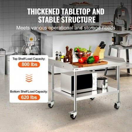 Stainless Steel Work Table 30x36x30 Inch Commercial Food Prep Worktable with 4 Wheels Casters 3-Sided Backsplash Heavy Duty Prep Worktable Metal Work Table