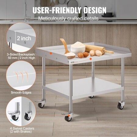 Stainless Steel Work Table 30x36x30 Inch Commercial Food Prep Worktable with 4 Wheels Casters 3-Sided Backsplash Heavy Duty Prep Worktable Metal Work Table