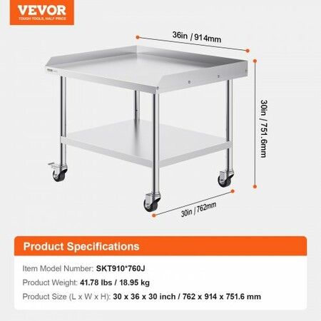 Stainless Steel Work Table 30x36x30 Inch Commercial Food Prep Worktable with 4 Wheels Casters 3-Sided Backsplash Heavy Duty Prep Worktable Metal Work Table