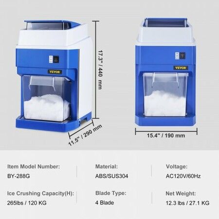 Commercial Ice Shaver Crusher 120kg Per Hour Electric Snow Cone Maker with 2kg Ice Box 300W Tabletop Shaved Ice Machine for Parties Events Snack Bar