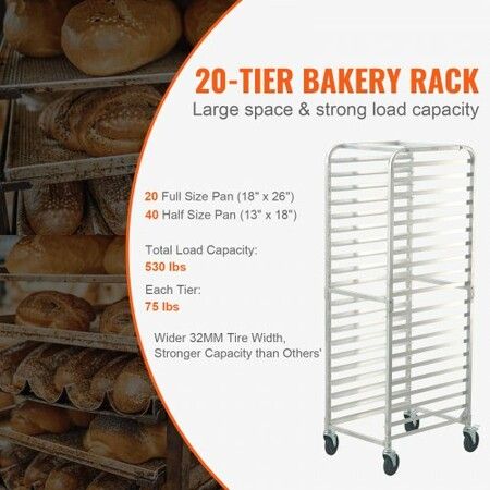 Bun Pan Rack 20-Tier Commercial Bakery Racks w/ Brake Wheels Aluminum Racking Trolley Storage for Half & Full Sheet Speed Rack For Kitchen Bread Baking