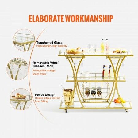 3 Tiers Gold Metal Bar Serving Cart with Wine Rack Glass Holder 180 LBS