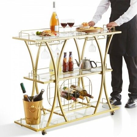 3 Tiers Gold Metal Bar Serving Cart with Wine Rack Glass Holder 180 LBS