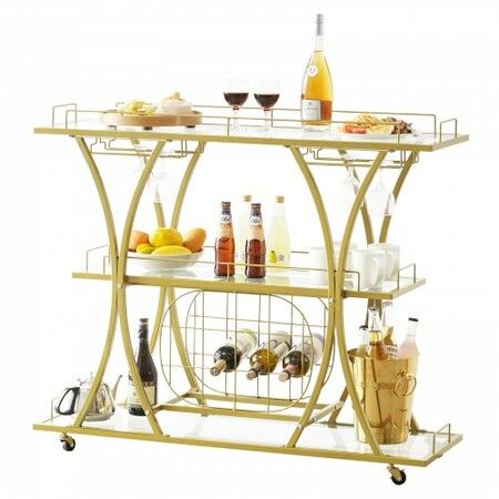 3 Tiers Gold Metal Bar Serving Cart with Wine Rack Glass Holder 180 LBS