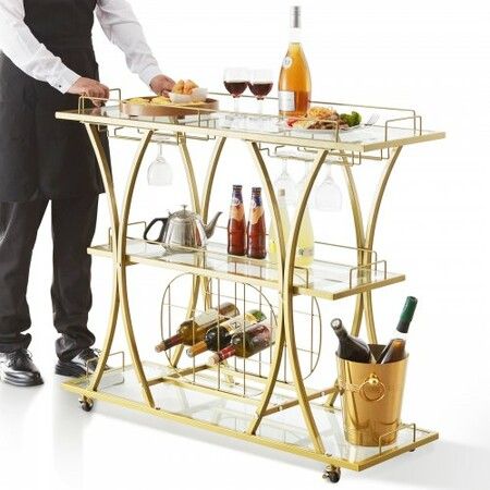 3 Tiers Gold Metal Bar Serving Cart with Wine Rack Glass Holder 180 LBS