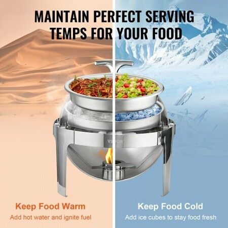 2-Pack Round Roll Top Chafing Dish Set with Full-Size 6Qt Pan Fuel Holder