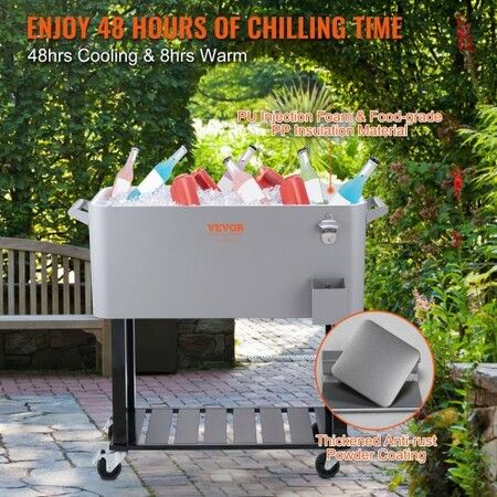 80Qt Rolling Cooler Cart with Bottle Opener Drainage Patio Party Bar Drink