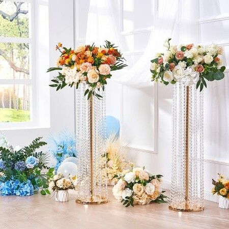 10PCS 35.43inch /90cm Tall Crystal Wedding Flowers Stand Luxurious Centerpieces Flower Vases Crystal Gold Vase Metal Perfect for T-stage Wedding Party