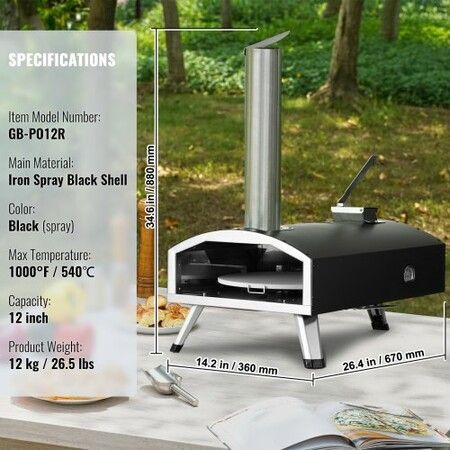 Outdoor Pizza Oven 12" Wood Fired Pizza Ovens Pellet Pizza Stove w/ Built-in Thermometer Heat to 540 degreeC with Thickened Cordierite 210 degree Rotating