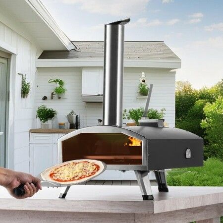 Outdoor Pizza Oven 12" Wood Fired Pizza Ovens Pellet Pizza Stove w/ Built-in Thermometer Heat to 540 degreeC with Thickened Cordierite 210 degree Rotating