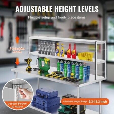 Double Overshelf Double Tier Stainless Steel Overshelf 12 x 72 Inch Double Deck Overshelf Height Adjustable Overshelf Prep Work Table