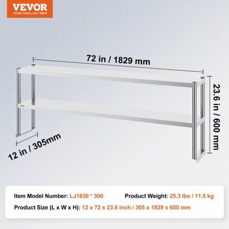 Double Overshelf Double Tier Stainless Steel Overshelf 12 x 72 Inch Double Deck Overshelf Height Adjustable Overshelf Prep Work Table