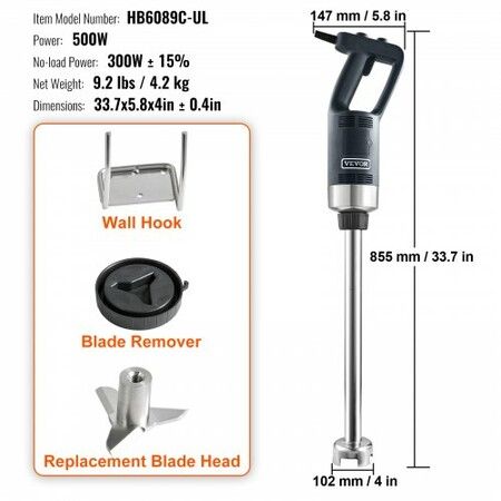 Commercial Immersion Blender Heavy Duty Hand Mixer 500W Variable Speed