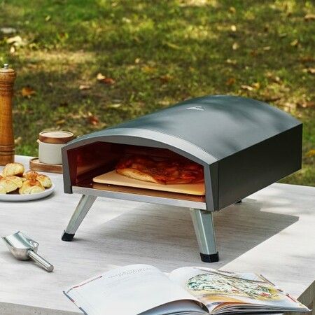 Outdoor Pizza Oven 12" Gas Fired Pizza Maker Portable Outside Pizza Grill with Thickened Cordierite Pizza Stone Waterproof Cover Iron Spray Gas Oven