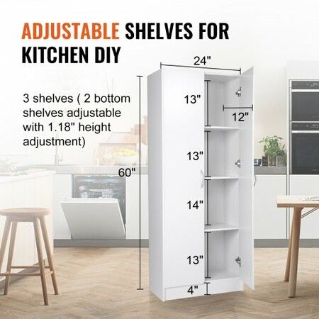 Kitchen Pantry Cabinet 60" Tall Food Pantry Storage Cabinet 110LBS Freestanding Storage Cabinet Cupboard with 3 Shelves(2 Adjustable) Engineered Wood