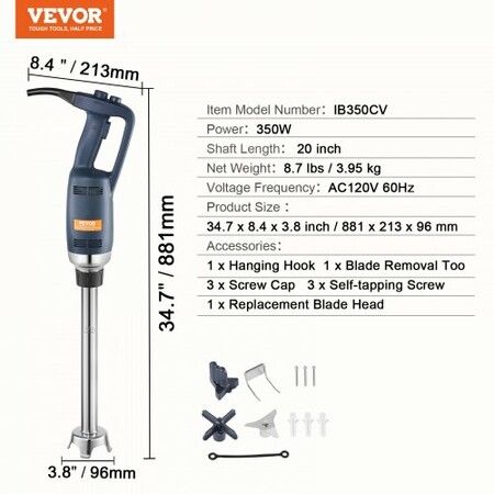 Commercial Immersion Blender 350W Heavy Duty Hand Mixer for Soup Sauces