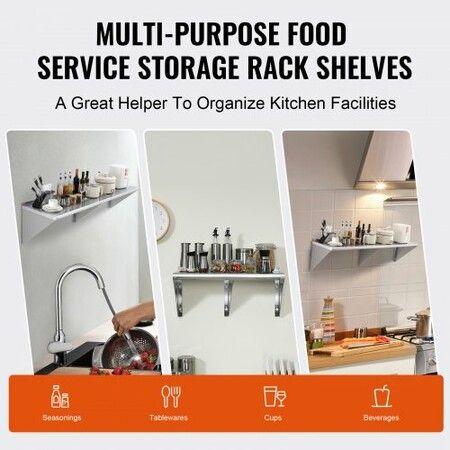 18" x 72" Stainless Steel Shelf Wall Mounted Floating Shelving with Brackets 500 lbs Load Capacity Commercial Shelves Heavy Duty Storage Rack