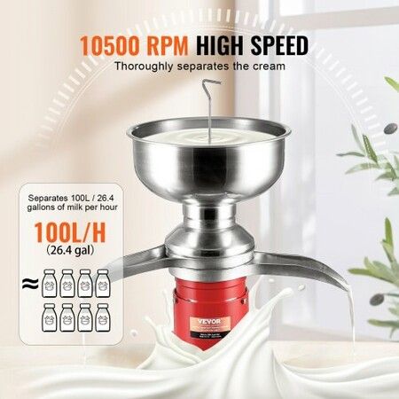 Milk Cream Centrifugal Separator 304 Stainless Steel Electric Cream Separators 100L/H Output 10500RPM Goat Milk Separator 30W Cow Cream Separator