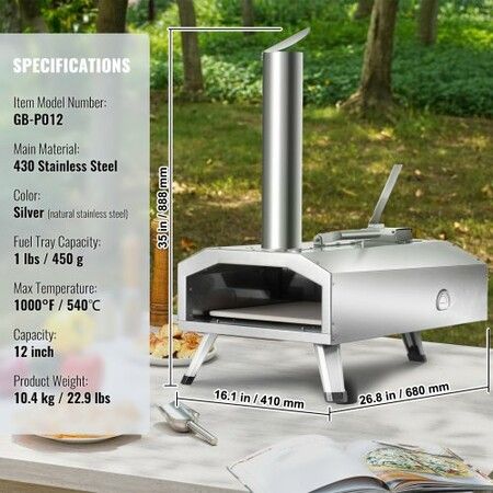 Pizza Oven Outdoor 12" Pellet Pizza Oven Portable Pizza Stove with Built-in Thermometer Wood Fired Stainless Steel Pizza Maker for Backyard Camping