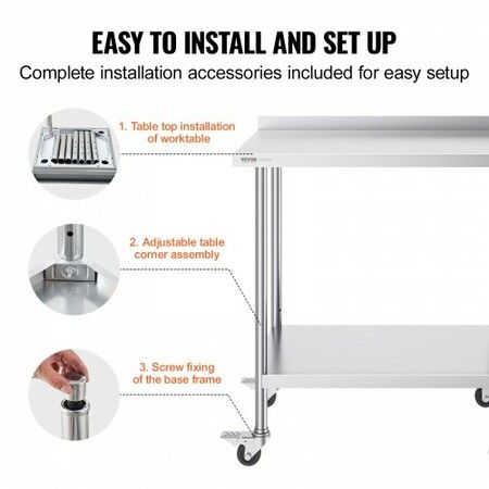 24 x 36 x 40 Inch Stainless Steel Work Table Commercial Food Prep Worktable with Casters Heavy Duty Prep Worktable Metal Work Table with Adjustable Height