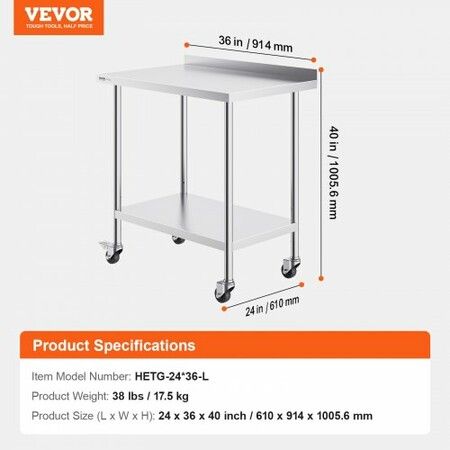 24 x 36 x 40 Inch Stainless Steel Work Table Commercial Food Prep Worktable with Casters Heavy Duty Prep Worktable Metal Work Table with Adjustable Height