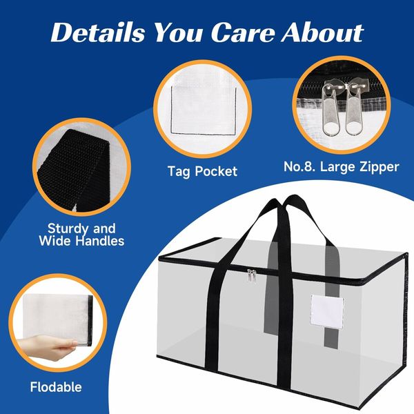 Moving Bags,Storage Bags with Zipper,Moving Bags Heavy Duty Extra Large,Moving Supplies,Clear Packing Bags,Reinforced Handles and Tag Pocket (4Pack)