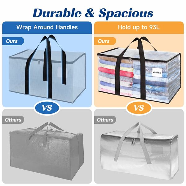 Moving Bags,Storage Bags with Zipper,Moving Bags Heavy Duty Extra Large,Moving Supplies,Clear Packing Bags,Reinforced Handles and Tag Pocket (4Pack)