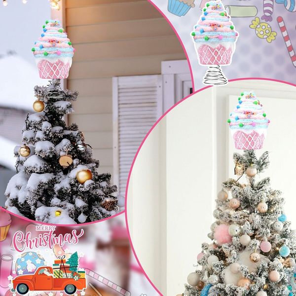 Dessert Christmas Tree Topper Pink Cupcake Tree Topper Candy Donut Christmas Tree Decoration Pastel  for Christmas New Year Birthday Party Decor