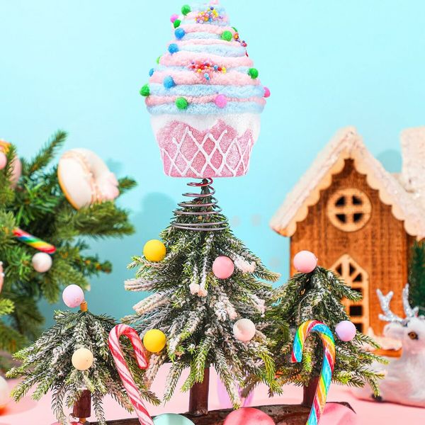 Dessert Christmas Tree Topper Pink Cupcake Tree Topper Candy Donut Christmas Tree Decoration Pastel  for Christmas New Year Birthday Party Decor