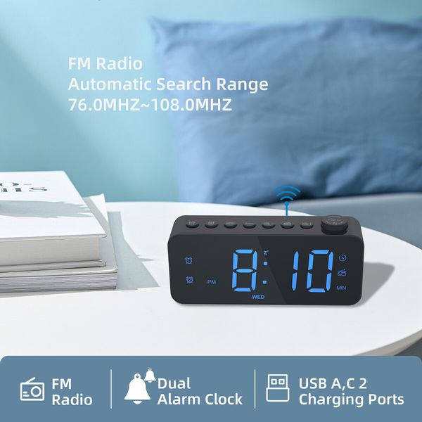 Alarm Clock with USB Charger, Dual Alarm, Snooze, 12/24Hr, 8 Ringtones and Font Colour, Radio Alarm Clock LED Display (Black)