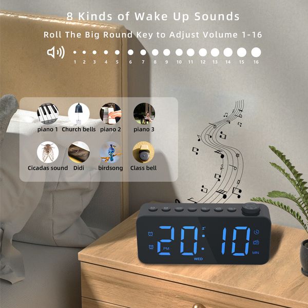 Alarm Clock with USB Charger, Dual Alarm, Snooze, 12/24Hr, 8 Ringtones and Font Colour, Radio Alarm Clock LED Display (Black)