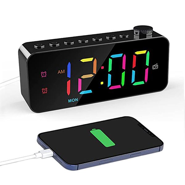 Alarm Clock with USB Charger, Dual Alarm, Snooze, 12/24Hr, 8 Ringtones and Font Colour, Radio Alarm Clock LED Display (Black)