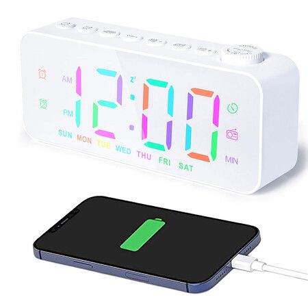 Alarm Clock with USB Charger, Dual Alarm, Snooze, 12/24Hr, 8 Ringtones and Font Colour, Radio Alarm Clock LED Display (White)