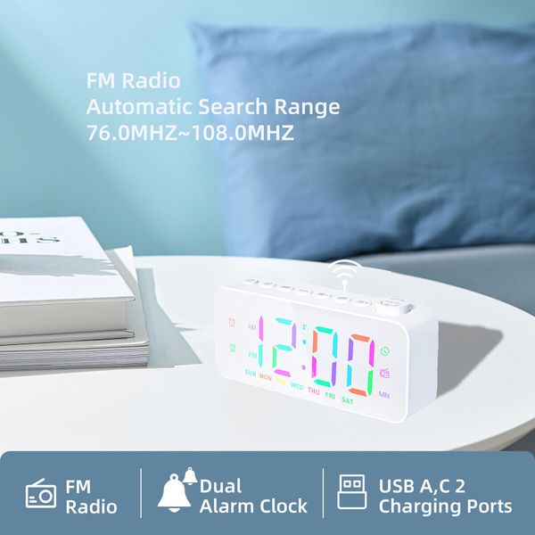 Alarm Clock with USB Charger, Dual Alarm, Snooze, 12/24Hr, 8 Ringtones and Font Colour, Radio Alarm Clock LED Display (White)