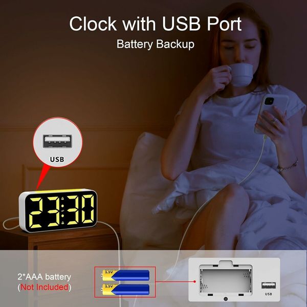 Digital Clock with Night Light, Large Display, Dual Alarm, Snooze, Dimmable Bedside Alarm Clock for Kids Teens Boys Girls (White)