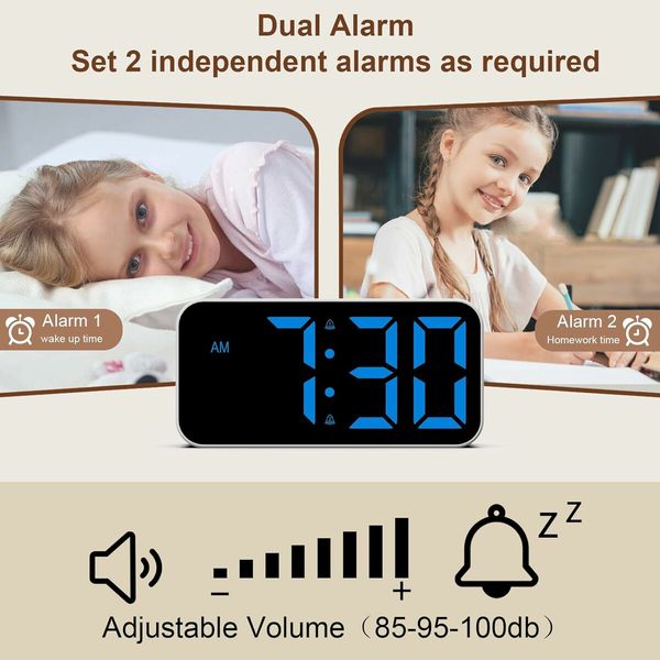 Digital Clock with Night Light, Large Display, Dual Alarm, Snooze, Dimmable Bedside Alarm Clock for Kids Teens Boys Girls (White)