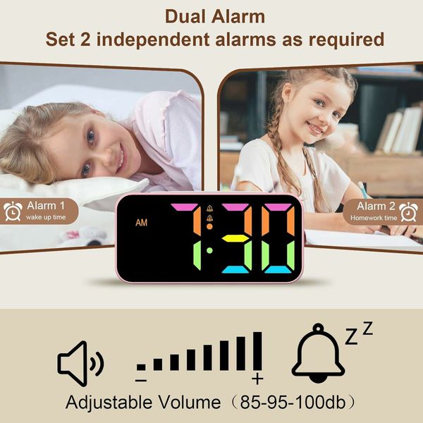 Digital Clock with Night Light, Large Display, Dual Alarm, Snooze, Dimmable Bedside Alarm Clock for Kids Teens Boys Girls (Pink)