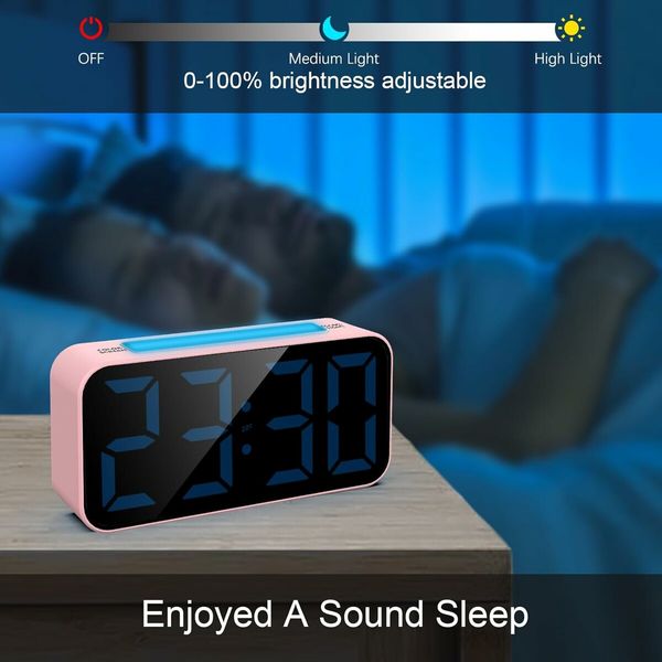 Digital Clock with Night Light, Large Display, Dual Alarm, Snooze, Dimmable Bedside Alarm Clock for Kids Teens Boys Girls (Pink)