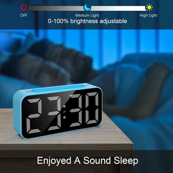 Digital Clock with Night Light, Large Display, Dual Alarm, Snooze, Dimmable Bedside Alarm Clock for Kids Teens Boys Girls (Blue)