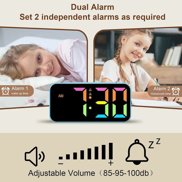 Digital Clock with Night Light, Large Display, Dual Alarm, Snooze, Dimmable Bedside Alarm Clock for Kids Teens Boys Girls (Blue)