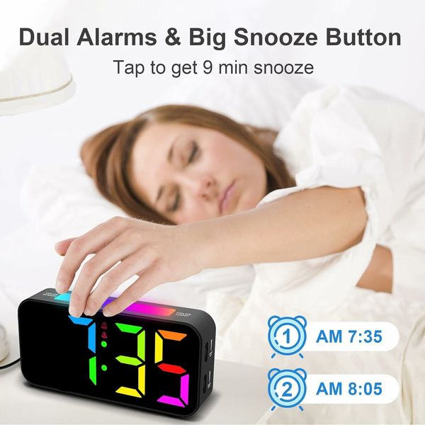 Digital Clock with Night Light, Large Display, Dual Alarm, Snooze, Dimmable Bedside Alarm Clock for Kids Teens Boys Girls (Black)