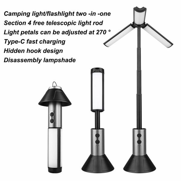 Portable Telescopic Camping Light Folding LED Flashlight 3 Head Rechargeable Outdoor Car Repair Work Camping Tent Light